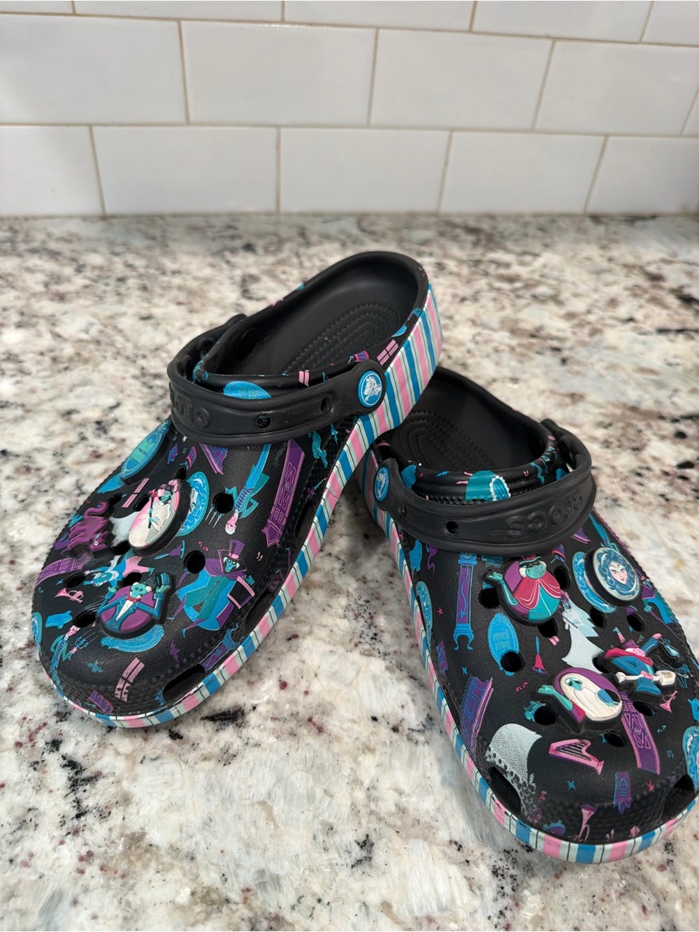 CROCS haunted mansion Black Clogs with Teal, Purple & Pink Graphic Accents